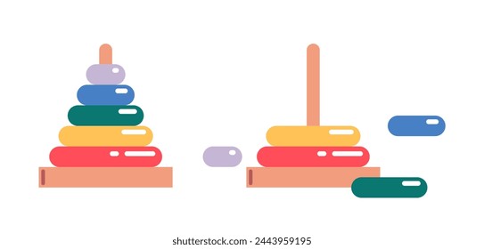 Building stack up ring tower, early child development educational game, kindergarten preschool educational items for childish play and learn kids flat vector illustration isolated on background.	