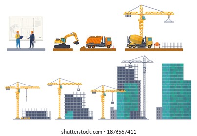 Building stages. House emergence, project discussion, pit digging, foundation pouring, frame construct, concrete panels. Machinery and equipment crane, truck at construction site vector flat concept