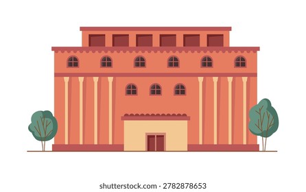 Building of state institution, isolated facade of bank structure with columns. Vector organization of authorities, university or school establishment. Historical building exterior with trees