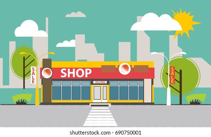 The building of the store in the background of the city. Flat style. Banner, poster-invitation to school