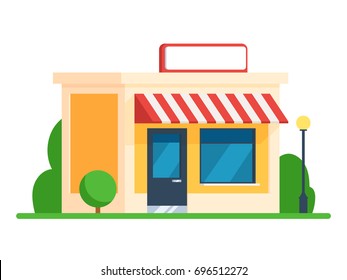 Construcción de la tienda con una placa vacía en el techo. Ilustración vectorial en diseño plano de caricatura, aislado en fondo blanco