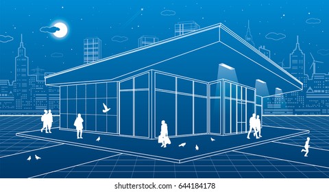 The building of the store, people are walking, the night city scene on background, vector design art