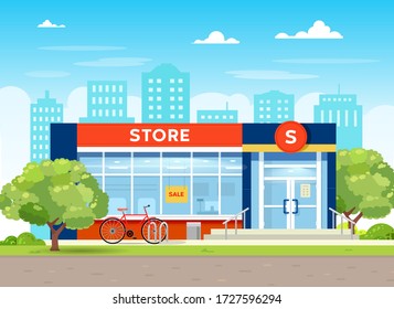 The building of the store and supermarket and interior. Flat vector illustration.