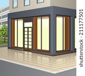 building with storefronts and entrance with reflection on the street background