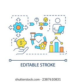 Building strategy concept icon. Analyse statistical data. Business development. Management process abstract idea thin line illustration. Isolated outline drawing. Editable stroke. Arial font used