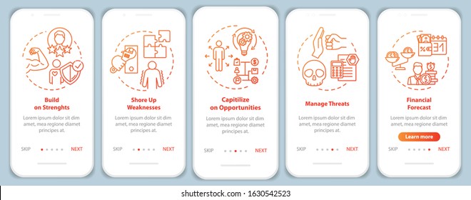 Building up strength onboarding mobile app page screen with concepts. Improve performance. Management walkthrough 5 steps graphic instructions. UI vector template with RGB color illustrations