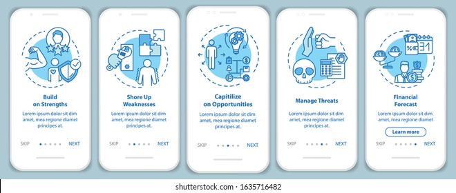 Building up strength onboarding mobile app page screen with concepts. Taking opportunities walkthrough 5 steps graphic instructions. UI vector template with RGB color illustrations