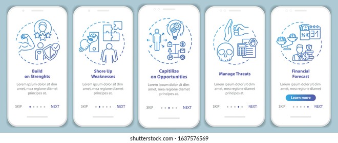 Building up strength onboarding mobile app page screen with concepts. Money growth. Management walkthrough 5 steps graphic instructions. UI vector template with RGB color illustrations