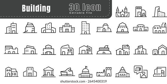  Criação do conjunto de ícones do vetor de traçados. Arquivo editável. como cidade, apartamento, condomínio, cidade