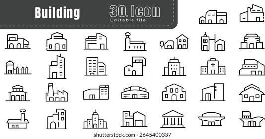  Criação do conjunto de ícones do vetor de traçados. Arquivo editável. como cidade, apartamento, condomínio, cidade