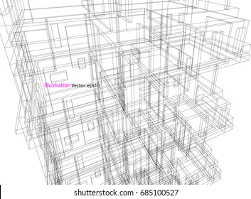 building structure architecture abstract drawing, 3d illustration vector