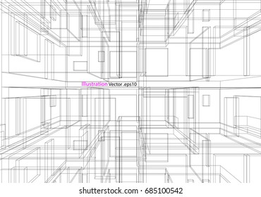 building structure architecture abstract drawing, 3d illustration vector