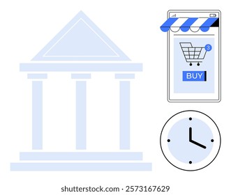 Building structure with columns, a mobile device displaying an online store with a shopping cart, and a clock. Ideal for ecommerce, online shopping, digital marketplace, mobile commerce, time