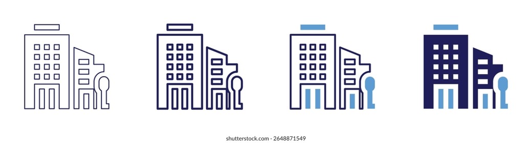 Ícone de estrutura de construção em 4 estilos diferentes. Linha Fina, Linha, Linha Negrito, Duotônico. Estilo duotônico. Traçado editável.