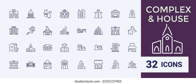Building Structure line icons set. Icons set with house, residential, real estate, construction, property, architecture and more. UI icon set in thin design. Editable vector icon and illustration.