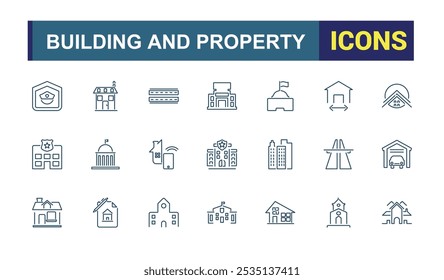 Building Structure line icons set. Icons set with house, residential, real estate, construction, property, architecture and more. UI icon set in thin design. Editable vector icon and illustration.