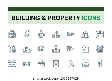 Building Structure line icons set. Icons set with house, residential, real estate, construction, property, architecture and more. UI icon set in thin design. Editable vector icon and illustration.