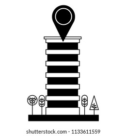 building structure with pin location and trees plants