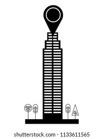 building structure with pin location and trees plants