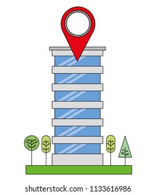 building structure with pin location and trees plants