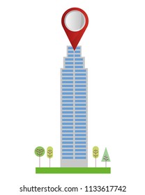 building structure with pin location and trees plants