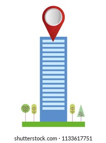 building structure with pin location and trees plants