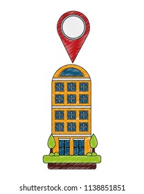 building structure with pin location and trees plants
