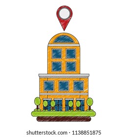 building structure with pin location and trees plants