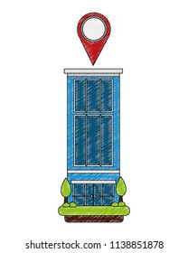 building structure with pin location and trees plants