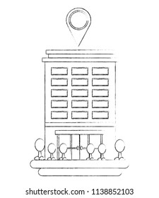 building structure with pin location and trees plants