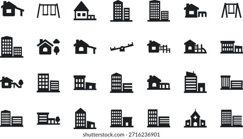 Conjunto de iconos de silueta de edificio y estructura, Vector de arquitectura urbana y suburbana, Elementos de patio, diseño negro para uso creativo, concepto de planificación urbana