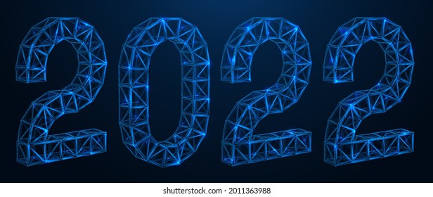 Building structures in the form of numbers 2022. Polygonal concatenated lines and points. Blue background. 