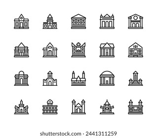 Building and structures vector linear icons set. Contains such icons as castle, dacha, villa, bank, library, church, parliament and more. Isolated collection of buildings icons on white background.