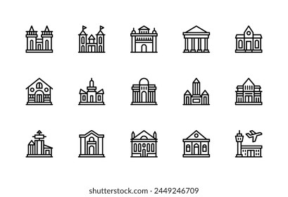 Building and structures vector linear icons set. Contains such icons as tower, castle, synagogue, museum, house, airport, store and more. Isolated icon collection of buildings on white background.