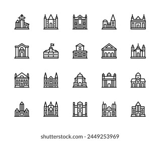 Building and structures vector linear icons set. Contains such icons as tower, dacha, villa, bank, library, church, castle and more. Isolated collection of buildings icons on white background.