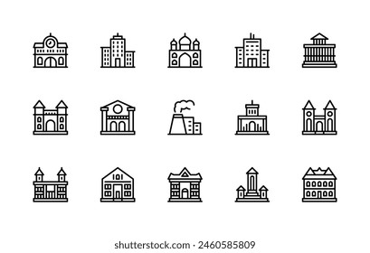 Building and structures vector linear icons set. Contains such icons as railway station, city, villa, castle, university, museum and more. Isolated icon collection of buildings on white background.