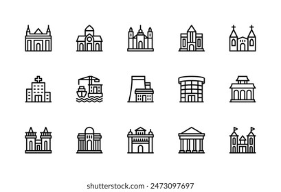 Conjunto de iconos lineales de Vector de edificios y estructuras. Contiene iconos como universidad, Biblioteca, hospital, puerto, fábrica, castillo y más. Icono aislado colección de edificios sobre fondo blanco.