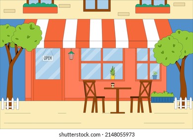 The building of the summer cafe with outdoor tables and chairs. Vector concept of a summer cafe. Flat vector illustration.