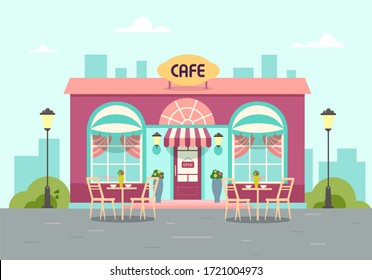 The building is a summer cafe. Stylish coffee shop in the city with a table. Vector flat illustration