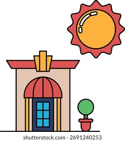 Un edificio con un sol brillando sobre él. El sol está en medio de la Imagen. El edificio es una casa con balcón