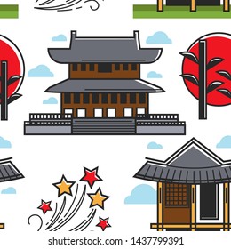 Building sunset plant and stars seamless pattern Korean architecture vector construction temple red sun and bamboo endless texture Korea culture traveling and tourism wallpaper print journey.
