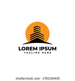 Building with sunset and sunrise for construction business logo design