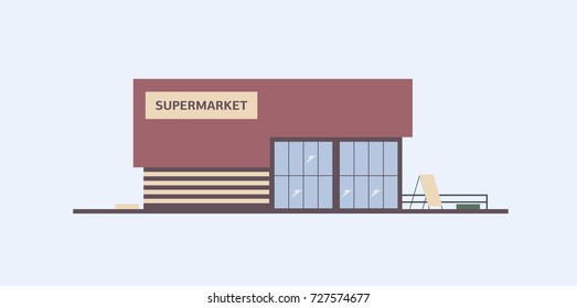 Building of supermarket, grocery store or food market with large windows built in modern architectural style. Shopping center, commercial property or real estate. Colorful flat vector illustration.