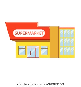 Building of supermarket in red yellow colors, colorful vector Illustration