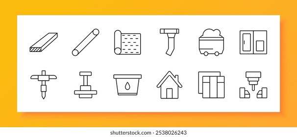 Icono de conjunto de suministros de construcción. Tablón de madera, barra de metal, rollo de aislamiento, canalón, mezclador de cemento, marco de ventana, taladro, prensa hidráulica, cubo de pintura, marco de la casa, panel de paneles de yeso, enrutador