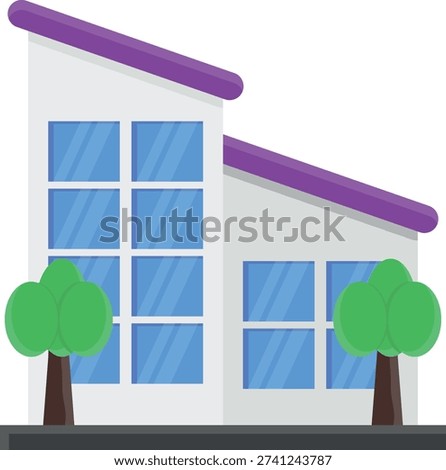 A building surrounded by trees, featuring a distinctive purple roof.