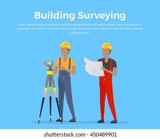 Building surveying conceptual banner. Engineer surveyor flat design illustration. Preparation, planning and design of construction. Two workers in building helmets make geodetic measurement.