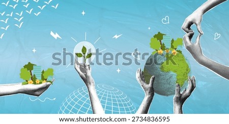 Building a sustainable future. A trendy halftone collage. Hands caring for the Earth and green energy. A concept for ecology and environmental protection. Vector illustration