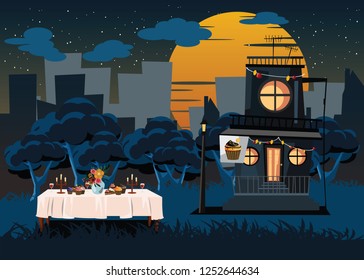 building and table at night vector illustration 