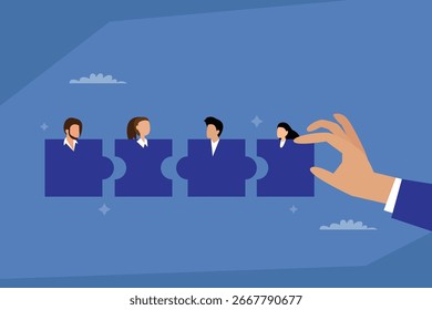 Building a Team: A Hand Puts the Last Puzzle Piece of People Together, Symbolizing Recruitment, Team Building, and Finding the Right Fit for a Company 2d flat vector illustration